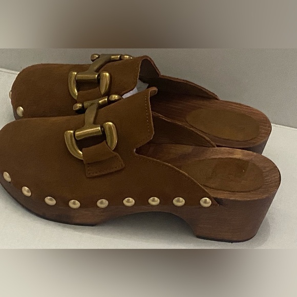 Boden Brown Suede Mules with Gold Accents - Picture 5 of 12